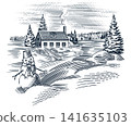 Winter small village or city landscape. Fully hand drawn scenery view with old farm house and frozen 141635103