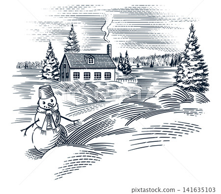 Winter small village or city landscape. Fully hand drawn scenery view with old farm house and frozen Winter small village or city landscape. Fully hand drawn scenery view with old farm house and frozen 141635103