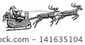 Santa Claus flying on the sleigh fully hand drawn illustration. Engraved hatching traditional style 141635104