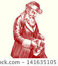 Santa Claus holding a bag with gifts and presents fully hand drawn illustration. Engraved hatching 141635105