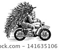 Santa Claus riding motorcycle with a pine tree on the back. Christmas delivery concept 141635106
