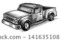 Pick up truck automobile. Fully hand drawn engraving in old traditional style. 141635108