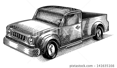Pick up truck automobile. Fully hand drawn engraving in old traditional style. Pick up truck automobile. Fully hand drawn engraving in old traditional style. 141635108