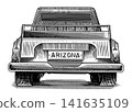 Pick up truck automobile. Fully hand drawn engraving in old traditional style. 141635109