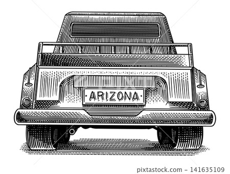 Pick up truck automobile. Fully hand drawn engraving in old traditional style. Pick up truck automobile. Fully hand drawn engraving in old traditional style. 141635109