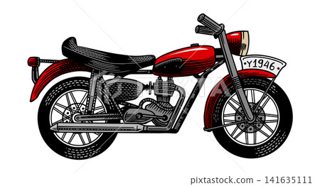 Hand drawn old vintage motorcycle engraving in side view. Red classic vehicle 141635111