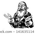 Exited Santa Claus fully hand drawn illustration. Engraved hatching traditional style for modern 141635114
