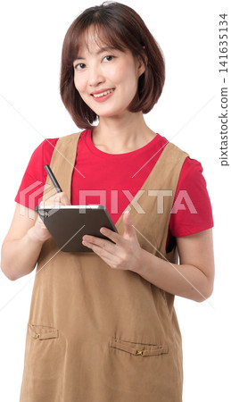 Happy young asian woman writing tablet digital artist designer smiling standing isolated transparency background studio Happy young asian woman writing tablet digital artist designer smiling standing isolated transparency background studio 141635134