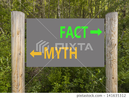 Fact or myth words symbol. Concept words Myth and Fact on beautiful road sign. Beautiful green forest background. Business and fact or myth concept. Copy space. Fact or myth words symbol. Concept words Myth and Fact on beautiful road sign. Beautiful green forest background. Business and fact or myth concept. Copy space. 141635312