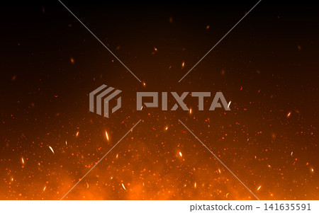 Fire sparks background with glowing embers. Floating ash with burning particles on dark backdrop. Bright flame effect for banner, gaming or cinematic design. Vector Illustration Fire sparks background with glowing embers. Floating ash with burning particles on dark backdrop. Bright flame effect for banner, gaming or cinematic design. Vector Illustration 141635591