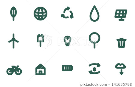 SDGs 生態圖標集（15 種類型，日式風格，綠色）：環境和再生能源向量素材。 141635798