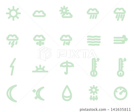 Weather Icon Set (Pastel Green, 20 Types): Simple Vector Materials for Sunny, Rainy, and Snowy Weather 141635811