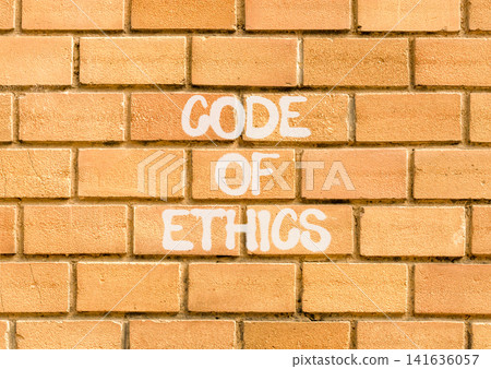 Code of ethics words symbol. Concept words Code of ethics on beautiful brick wall. Beautiful brick wall background. Business Code of ethics concept. Copy space. Code of ethics words symbol. Concept words Code of ethics on beautiful brick wall. Beautiful brick wall background. Business Code of ethics concept. Copy space. 141636057