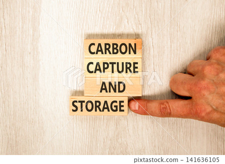 Carbon capture and storage words symbol. Concept words Carbon capture and storage on beautiful wooden blocks. Beautiful grey wooden background. Business carbon capture and storage concept. Copy space. 141636105