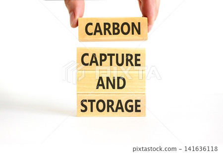 Carbon capture and storage words symbol. Concept words Carbon capture and storage on beautiful wooden blocks. Beautiful white background. Business carbon capture and storage concept. Copy space. Carbon capture and storage words symbol. Concept words Carbon capture and storage on beautiful wooden blocks. Beautiful white background. Business carbon capture and storage concept. Copy space. 141636118