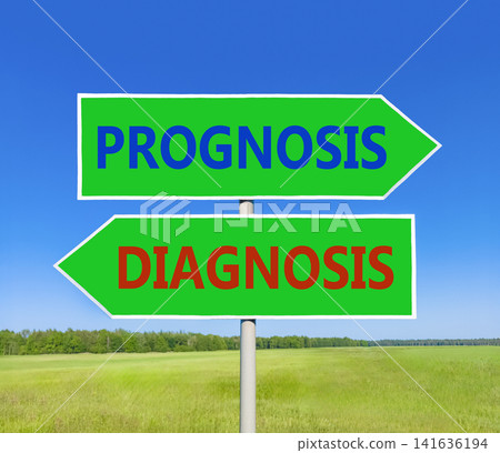 Prognosis vs diagnosis words symbol. Concept words Prognosis Diagnosis on beautiful green road sign. Beautiful blue sky background. Business medical prognosis vs diagnosis concept. Copy space. Prognosis vs diagnosis words symbol. Concept words Prognosis Diagnosis on beautiful green road sign. Beautiful blue sky background. Business medical prognosis vs diagnosis concept. Copy space. 141636194
