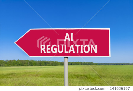 AI regulation symbol. Concept words AI artificial intelligence regulation on beautiful red road sign. Beautiful sky background. Business AI artificial intelligence regulation concept. Copy space AI regulation symbol. Concept words AI artificial intelligence regulation on beautiful red road sign. Beautiful sky background. Business AI artificial intelligence regulation concept. Copy space 141636197