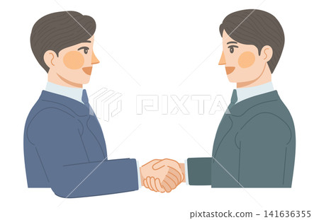 An illustration of two male office workers shaking hands with smiles on their faces. An illustration of two male office workers shaking hands with smiles on their faces. 141636355