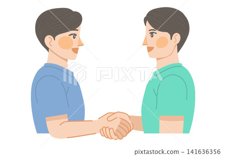 插圖描繪了兩個面帶微笑的男人握手的情景。 141636356