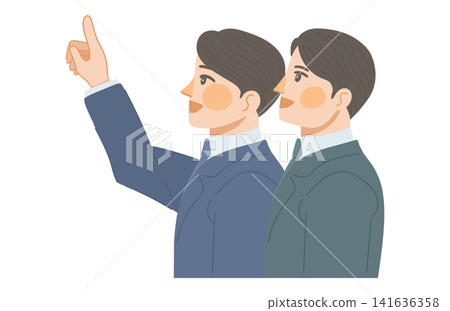 一幅插圖,描繪了一名男上班族面帶微笑,指著上方;另一名男上班族面帶微笑,抬頭看向他所指的方向。 一幅插圖,描繪了一名男上班族面帶微笑,指著上方;另一名男上班族面帶微笑,抬頭看向他所指的方向。 141636358