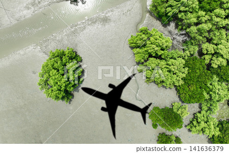Shadow airplane flying above mangrove forest. Use of biofuel for sustainable aviation. Sustainable transportation. Eco-friendly flight. Aviation sustainability. Reducing aviation's carbon footprint. Shadow airplane flying above mangrove forest. Use of biofuel for sustainable aviation. Sustainable transportation. Eco-friendly flight. Aviation sustainability. Reducing aviation's carbon footprint. 141636379
