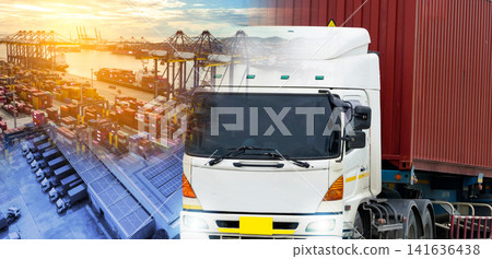 Container truck transport cargo from warehouse to international shipping port terminal. Logistics and transportation. Import export transport industry. Route from distribution center to maritime port. Container truck transport cargo from warehouse to international shipping port terminal. Logistics and transportation. Import export transport industry. Route from distribution center to maritime port. 141636438