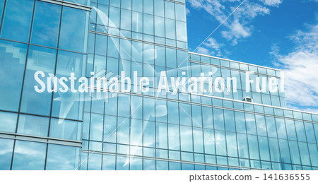 Green airline company embracing sustainable aviation fuel. Modern headquarters building. Eco-friendly airline. Reduced carbon emissions through innovative fuel solutions. Responsible air travel. Green airline company embracing sustainable aviation fuel. Modern headquarters building. Eco-friendly airline. Reduced carbon emissions through innovative fuel solutions. Responsible air travel. 141636555