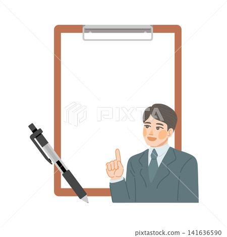 一個簡單的活頁夾,頁邊留有添加文字的空間,並配有一幅男性辦公室職員進行講解的插圖。 一個簡單的活頁夾,頁邊留有添加文字的空間,並配有一幅男性辦公室職員進行講解的插圖。 141636590