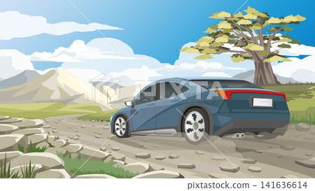 Traveling of blue car driving on a rocky dirt road. Car sped off kicking up dust behind. Through a scenic landscape with mountains and big tree alone on hill under a clear sky and thick clouds. Traveling of blue car driving on a rocky dirt road. Car sped off kicking up dust behind. Through a scenic landscape with mountains and big tree alone on hill under a clear sky and thick clouds. 141636614
