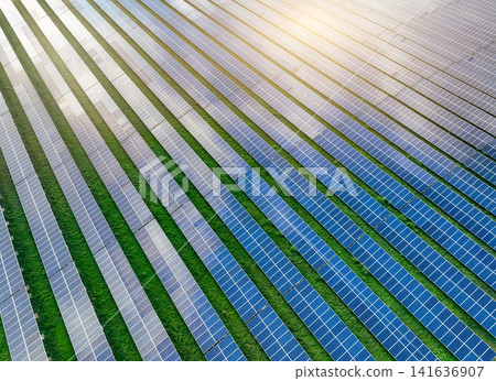Solar farm and sun light. Solar power for green energy. Sustainable renewable energy. Photovoltaic power station or solar park. Solar panel installation and maintenance concept. Energy sustainability. Solar farm and sun light. Solar power for green energy. Sustainable renewable energy. Photovoltaic power station or solar park. Solar panel installation and maintenance concept. Energy sustainability. 141636907