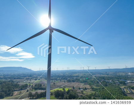 Landscape of wind farm. Wind energy. Wind power. Sustainable, renewable energy. Wind turbines generate electricity. Sustainable development. Green technology for energy sustainability. Green energy. Landscape of wind farm. Wind energy. Wind power. Sustainable, renewable energy. Wind turbines generate electricity. Sustainable development. Green technology for energy sustainability. Green energy. 141636939