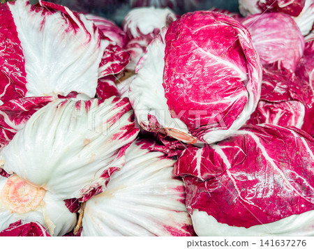 Fresh red radicchio heads with vibrant red and white leaves on display Fresh red radicchio heads with vibrant red and white leaves on display 141637276