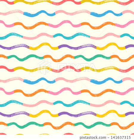 Colorful halftone organic hand painted wavy stripes vector seamless pattern, cute summer textured waves background for beachwear textiles and kids designs Colorful halftone organic hand painted wavy stripes vector seamless pattern, cute summer textured waves background for beachwear textiles and kids designs 141637315