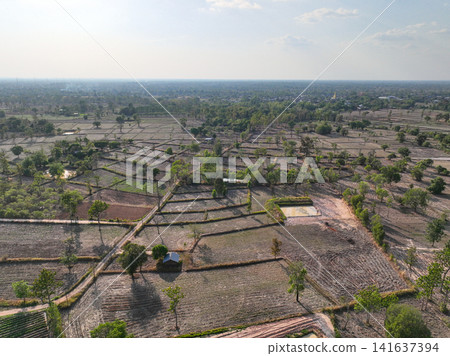 Aerial view of rural agricultural landscape with farmland plots, dirt roads, ponds, and scattered trees. Countryside land use and sustainable farming. Sustainable agriculture and rural development. 141637394