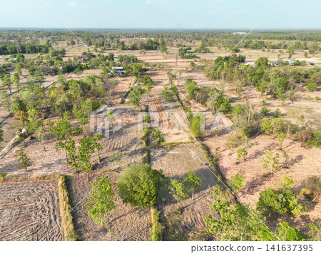 Aerial view of rural agricultural landscape with farmland plots, dirt roads, ponds, and scattered trees. Countryside land use and sustainable farming. Sustainable agriculture and rural development. 141637395