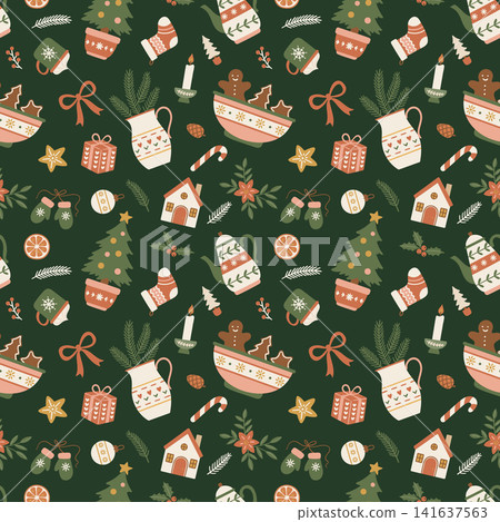 Cozy Christmas Seamless Pattern with Gingerbread Cookies, Teapot, Christmas Tree and Holiday Decorations Cozy Christmas Seamless Pattern with Gingerbread Cookies, Teapot, Christmas Tree and Holiday Decorations 141637563