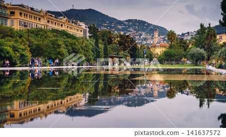 Nice, France - Nov 2, 2018 - Promenade du Paillon fountains with people Nice, France - Nov 2, 2018 - Promenade du Paillon fountains with people 141637572
