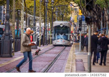 MARSEILLE, FRANCE - 03 Nov 2018 - Urban tram in the street of the city MARSEILLE, FRANCE - 03 Nov 2018 - Urban tram in the street of the city 141637582