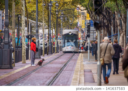 MARSEILLE, FRANCE - 03 Nov 2018 - Urban tram in the street of the city MARSEILLE, FRANCE - 03 Nov 2018 - Urban tram in the street of the city 141637583