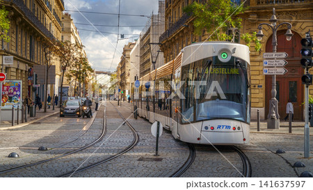 MARSEILLE, FRANCE - 03 Nov 2018 - Urban tram in the street of the city MARSEILLE, FRANCE - 03 Nov 2018 - Urban tram in the street of the city 141637597