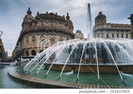 GENOA, ITALY - NOVEMBER 04, 2018 - Fountain on Piazza de Ferrari GENOA, ITALY - NOVEMBER 04, 2018 - Fountain on Piazza de Ferrari 141637605