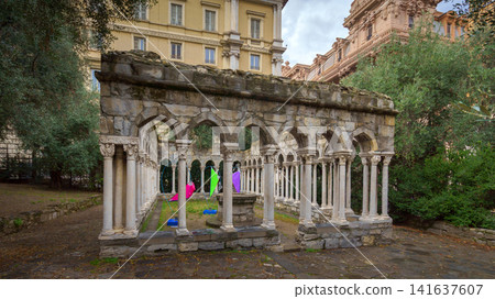 GENOA, ITALY - NOVEMBER 04, 2018 - Christopher Columbus House or Casa di Cristoforo Colombo and its fragments GENOA, ITALY - NOVEMBER 04, 2018 - Christopher Columbus House or Casa di Cristoforo Colombo and its fragments 141637607