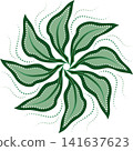 Round ornament of undulate green leaves. Delicate natural design element in vintage style. Soft green leaves on transparent background. Elegant decor for holiday 141637623
