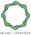 Round frame of undulate green leaves. Delicate design element in vintage style. Soft green leaves on transparent background. Elegant decor for holiday 141637624