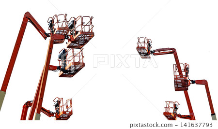 Orange articulated boom lifts with elevated aerial work platforms isolated against bright sky. Construction equipment, industrial maintenance, engineering service, rental fleet and safe access. Orange articulated boom lifts with elevated aerial work platforms isolated against bright sky. Construction equipment, industrial maintenance, engineering service, rental fleet and safe access. 141637793