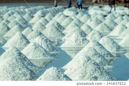 Sea salt piles in traditional salt farm with workers harvesting natural sea salt through solar evaporation for sustainable sodium chloride production. Mineral industry and sustainable agriculture. Sea salt piles in traditional salt farm with workers harvesting natural sea salt through solar evaporation for sustainable sodium chloride production. Mineral industry and sustainable agriculture. 141637812