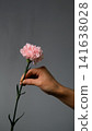 A single pink carnation in a woman's hand against a gray background. A florist is arranging a custom bouquet. 141638028