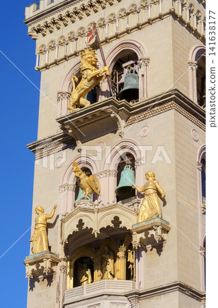MESSINA, ITALY - NOVEMBER 06, 2018 - Decorations and golden elements of the Bell Tower of the Cathedral of Messina, Sicily 141638177