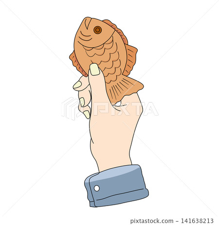 Hand holding Taiyaki fish shaped cake Japanese street food dessert snack illustration graphic element for bakery menu Asian food culture sticker print clipart artwork design icon 141638213