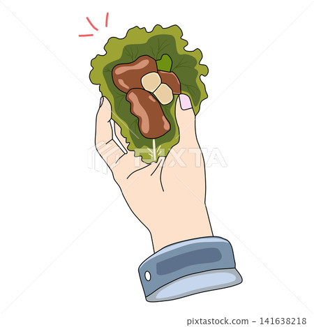 Hand holding Korean lettuce wrap Ssam grilled meat Asian food dining cuisine graphic element for Korean BBQ restaurant menu food blog sticker print clipart artwork design icon Hand holding Korean lettuce wrap Ssam grilled meat Asian food dining cuisine graphic element for Korean BBQ restaurant menu food blog sticker print clipart artwork design icon 141638218